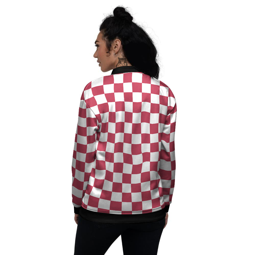 Maroon Checkered Flag Print Women's Bomber Jacket-grizzshop