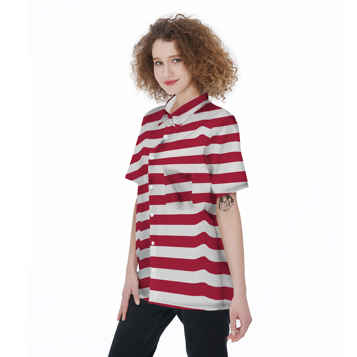 Maroon Color Striped Print Women's Short Sleeve Shirts-grizzshop