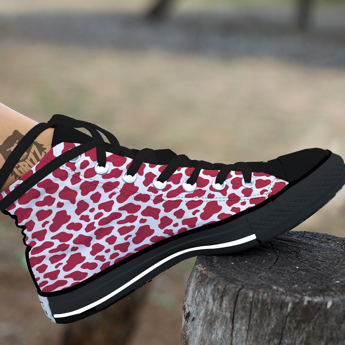Maroon Cow Print Pattern Black High Top Shoes-grizzshop