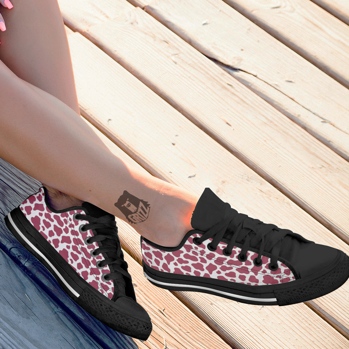 Maroon Cow Print Pattern Black Low Top Shoes-grizzshop