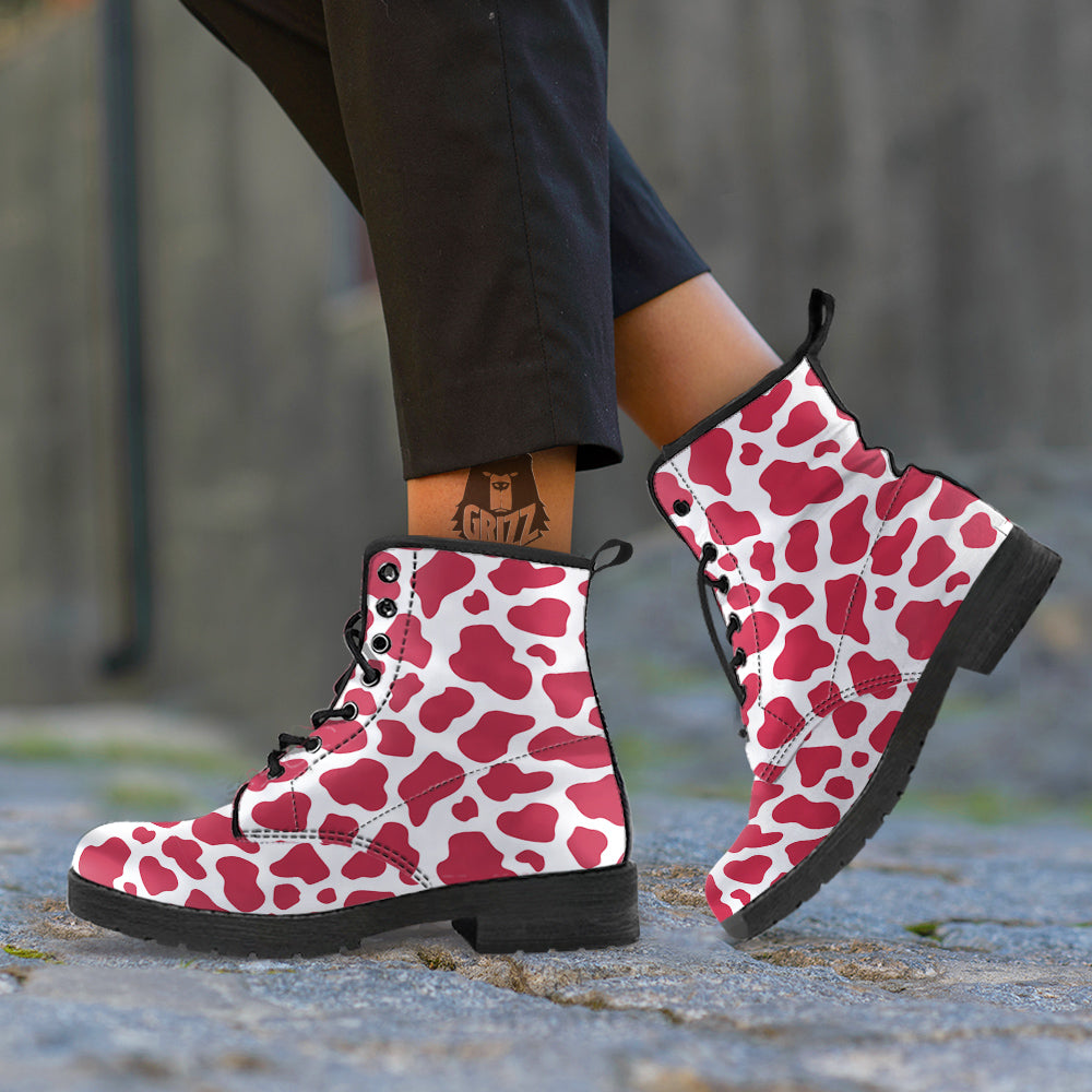 Maroon Cow Print Pattern Leather Boots-grizzshop