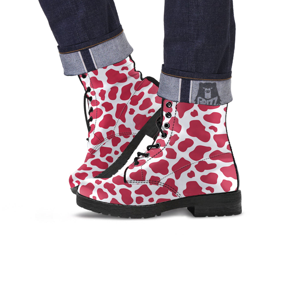 Maroon Cow Print Pattern Leather Boots-grizzshop