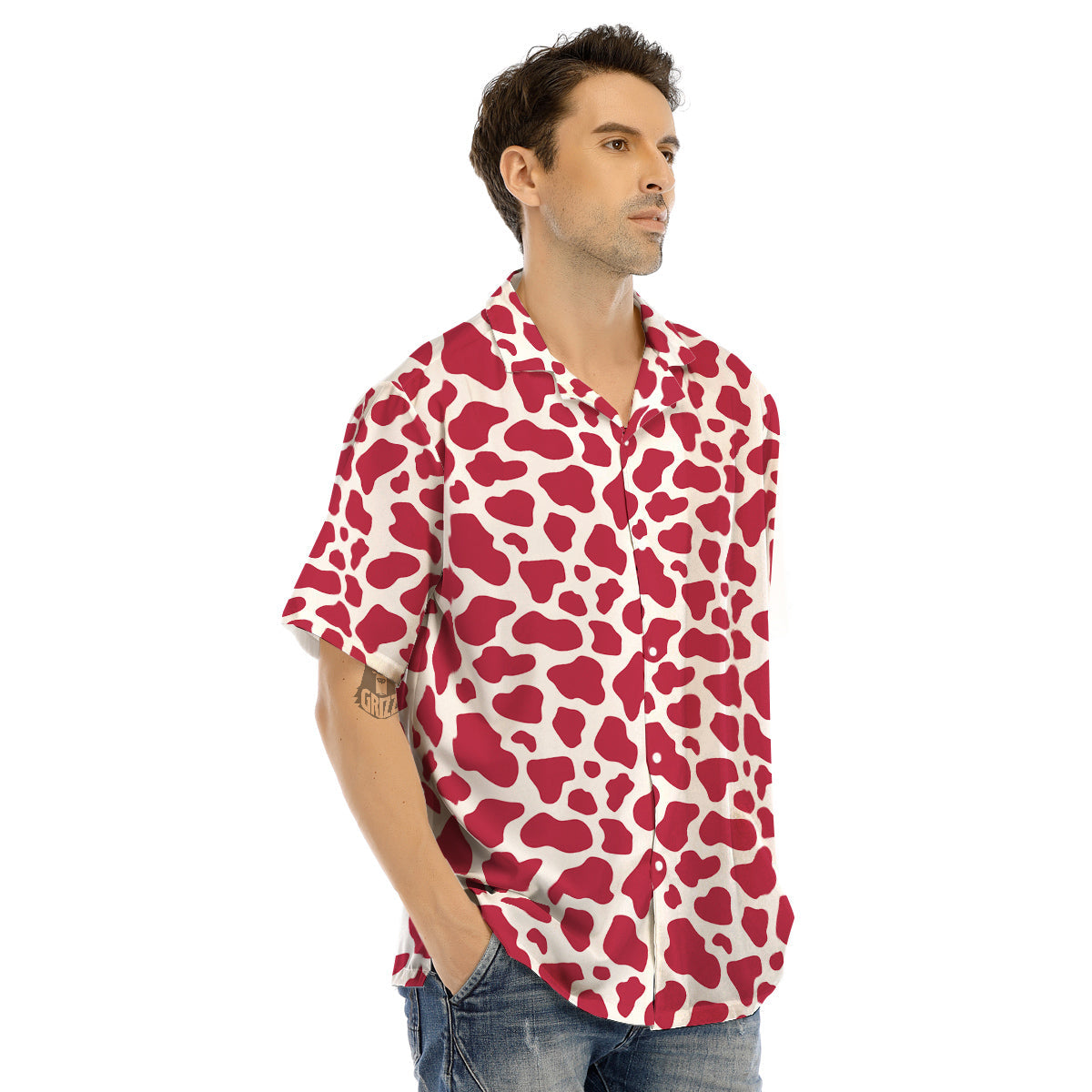 Maroon Cow Print Pattern Men’s Hawaiian Shirt-grizzshop