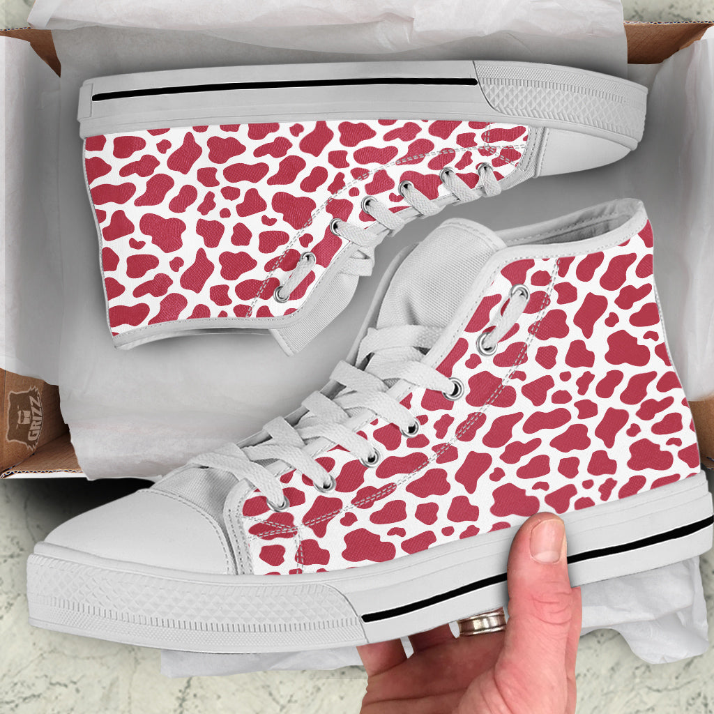 Maroon Cow Print Pattern White High Top Shoes-grizzshop