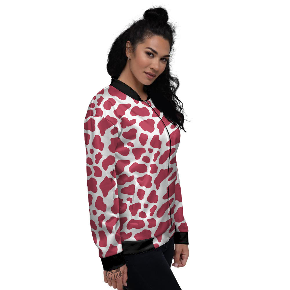 Maroon Cow Print Pattern Women's Bomber Jacket-grizzshop