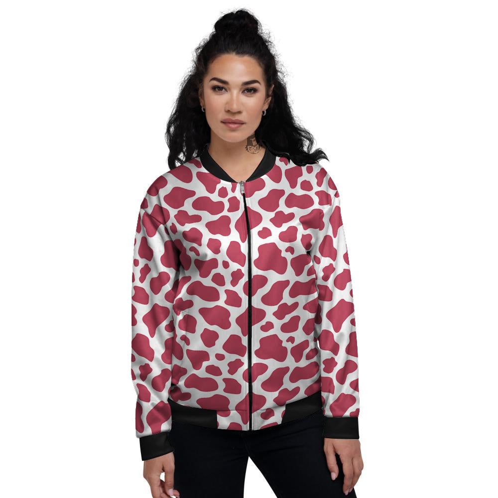Maroon Cow Print Pattern Women's Bomber Jacket-grizzshop