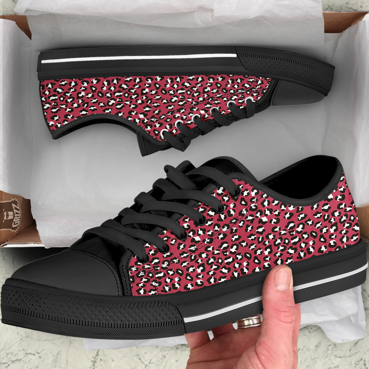 Maroon Leopard Print Pattern Black Low Top Shoes-grizzshop