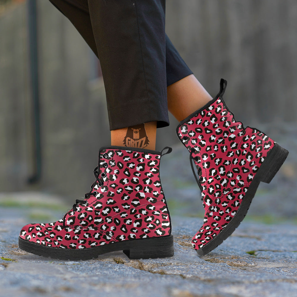 Maroon Leopard Print Pattern Leather Boots-grizzshop
