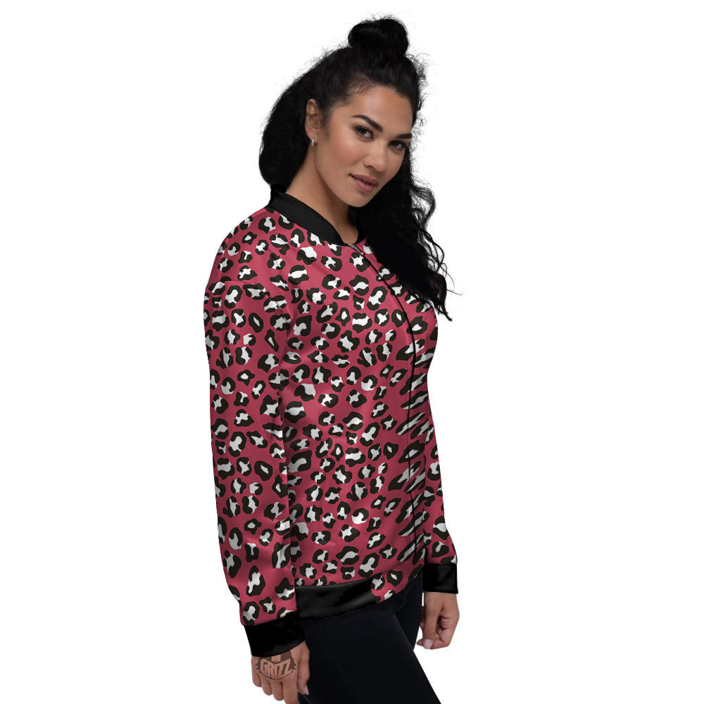 Maroon Leopard Print Pattern Women's Bomber Jacket-grizzshop