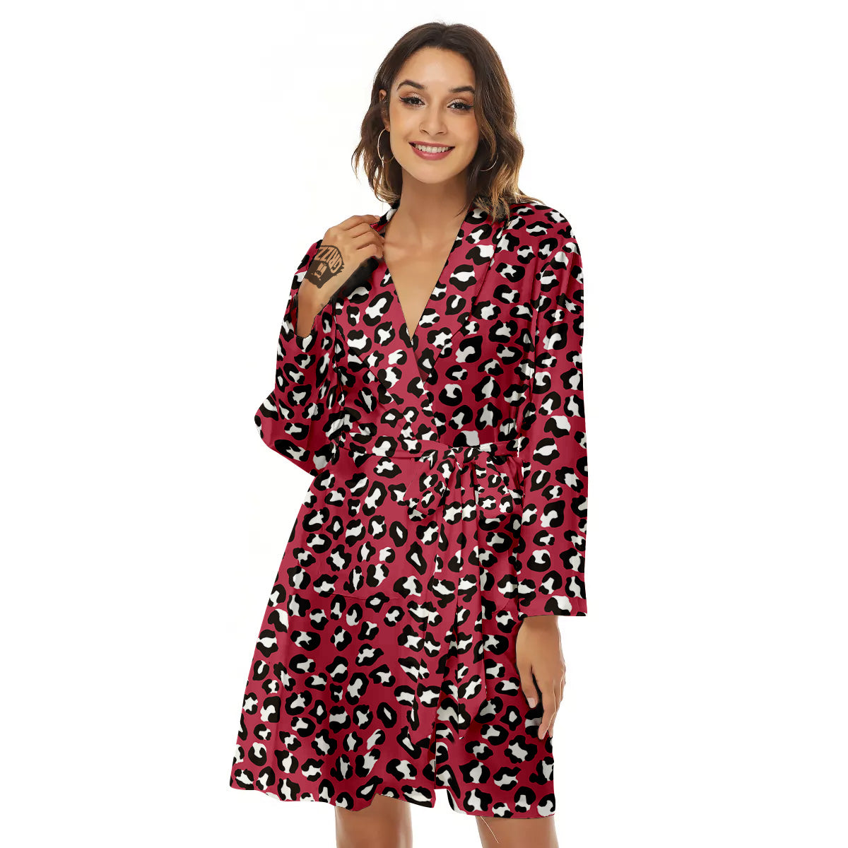 Maroon Leopard Print Pattern Women's Robe-grizzshop