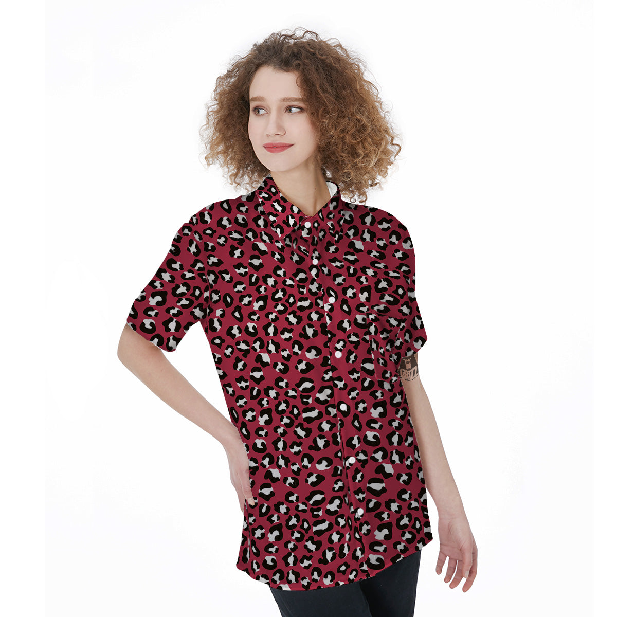 Maroon Leopard Print Pattern Women's Short Sleeve Shirts-grizzshop