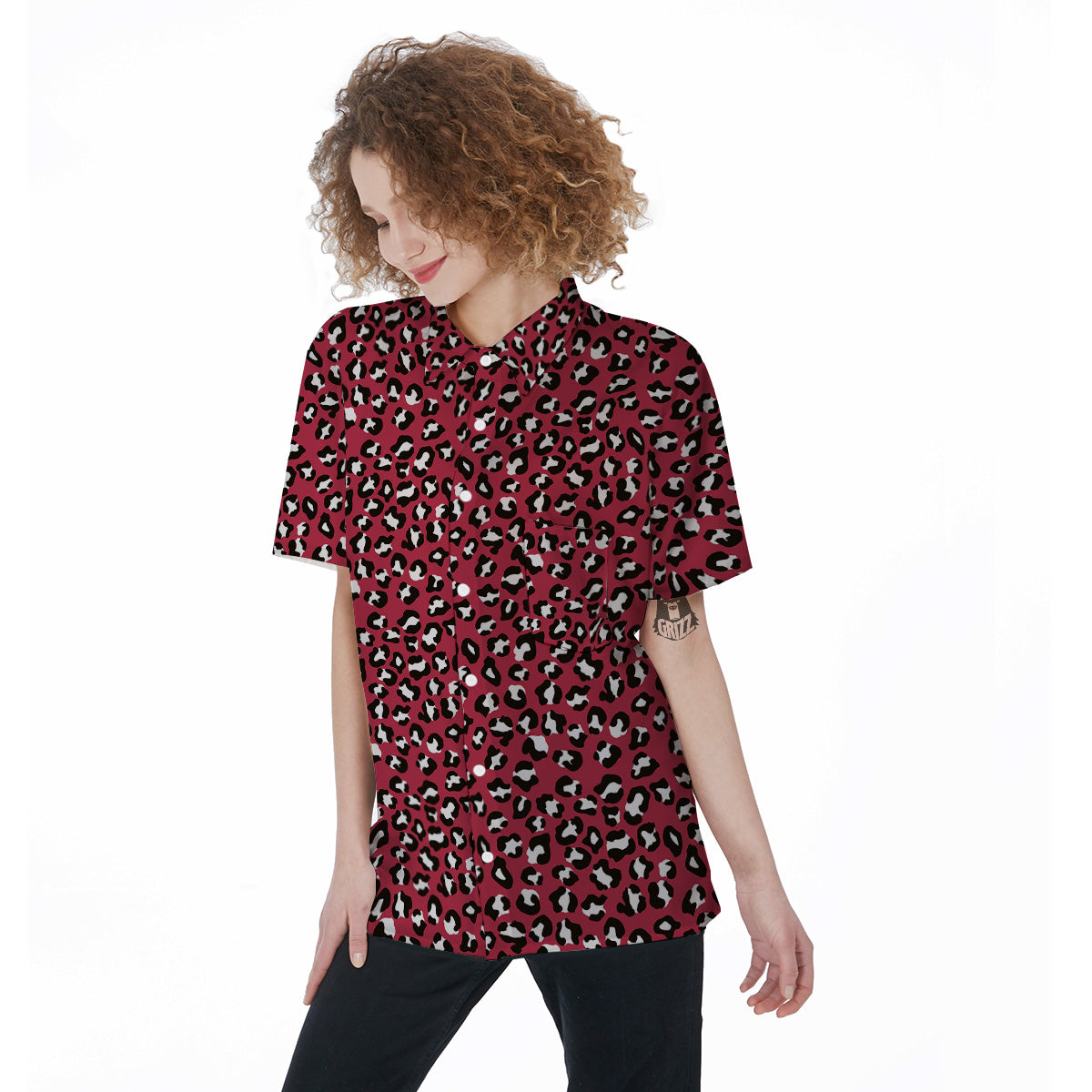 Maroon Leopard Print Pattern Women's Short Sleeve Shirts-grizzshop