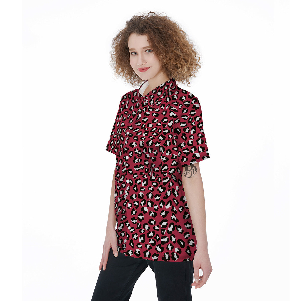 Maroon Leopard Print Pattern Women's Short Sleeve Shirts-grizzshop