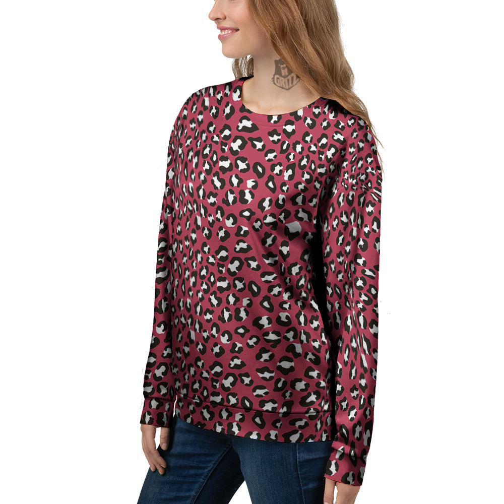 Maroon Leopard Print Pattern Women's Sweatshirt-grizzshop