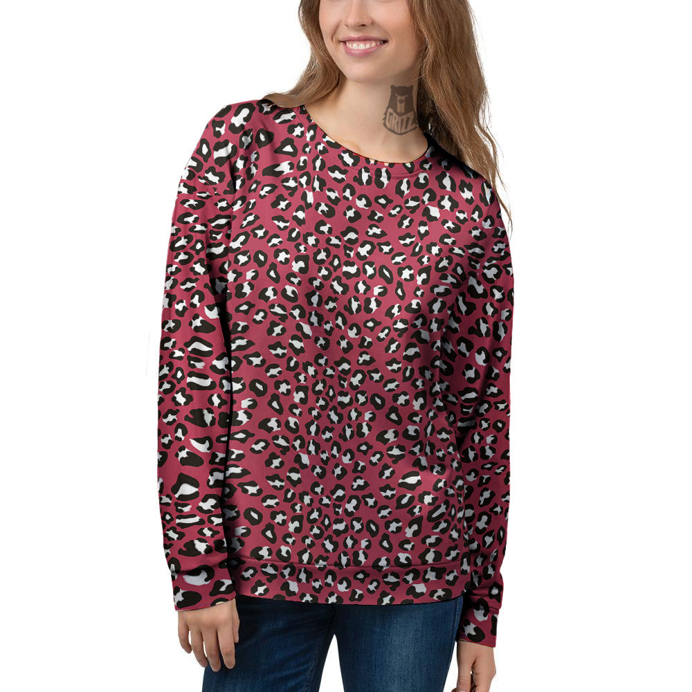 Maroon Leopard Print Pattern Women's Sweatshirt-grizzshop