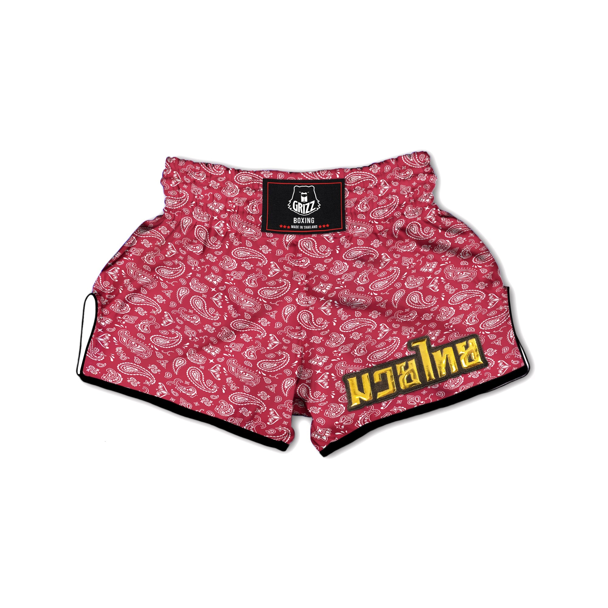 Maroon Paisley Bandana Print Muay Thai Boxing Shorts-grizzshop