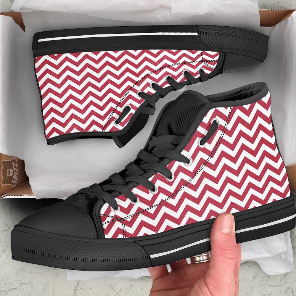 Maroon Zigzag Print Pattern Black High Top Shoes-grizzshop