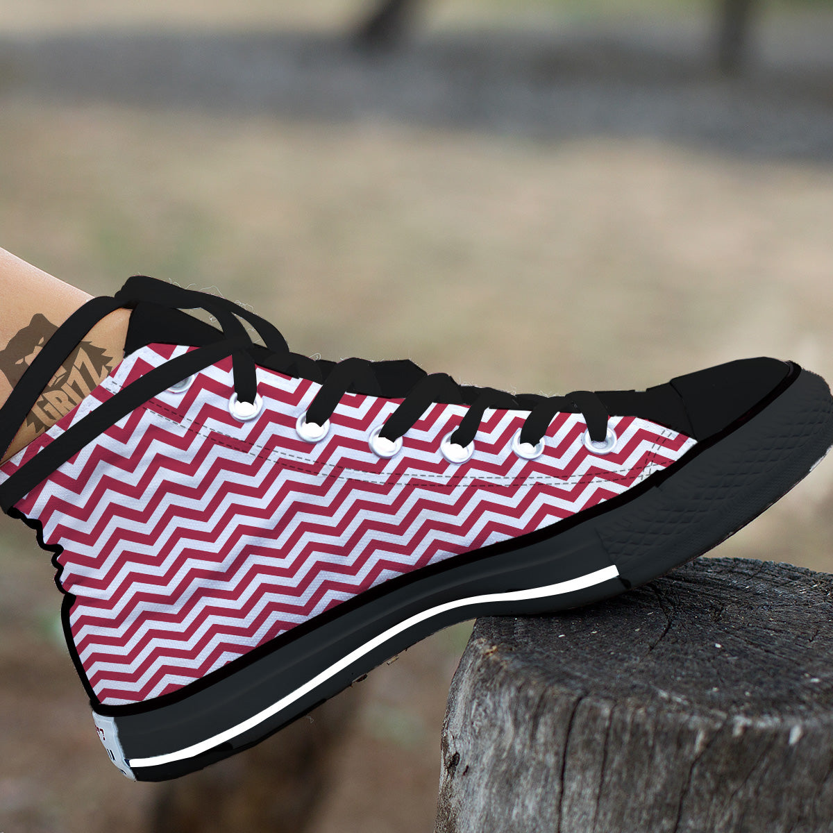 Maroon Zigzag Print Pattern Black High Top Shoes-grizzshop