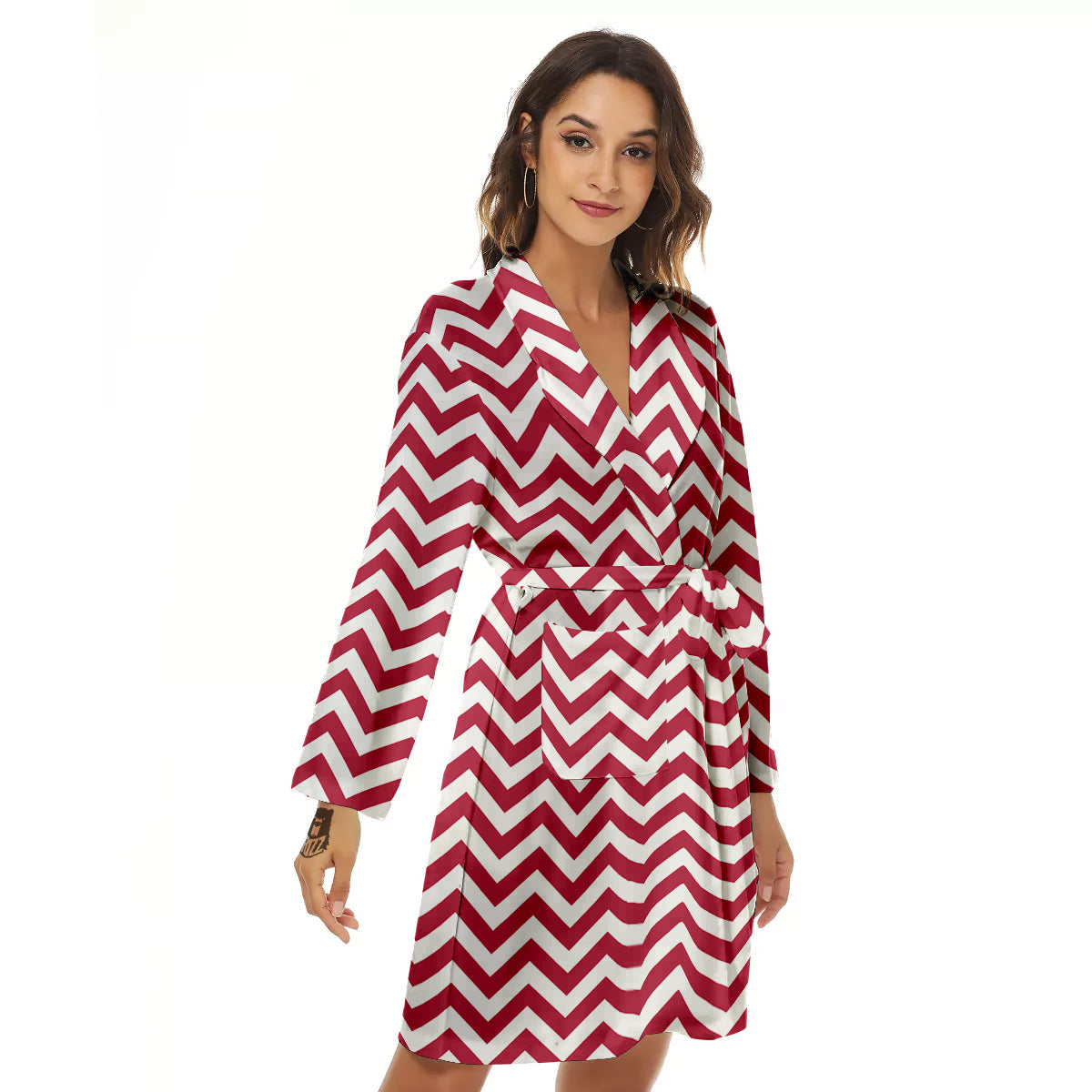 Maroon Zigzag Print Pattern Women's Robe-grizzshop