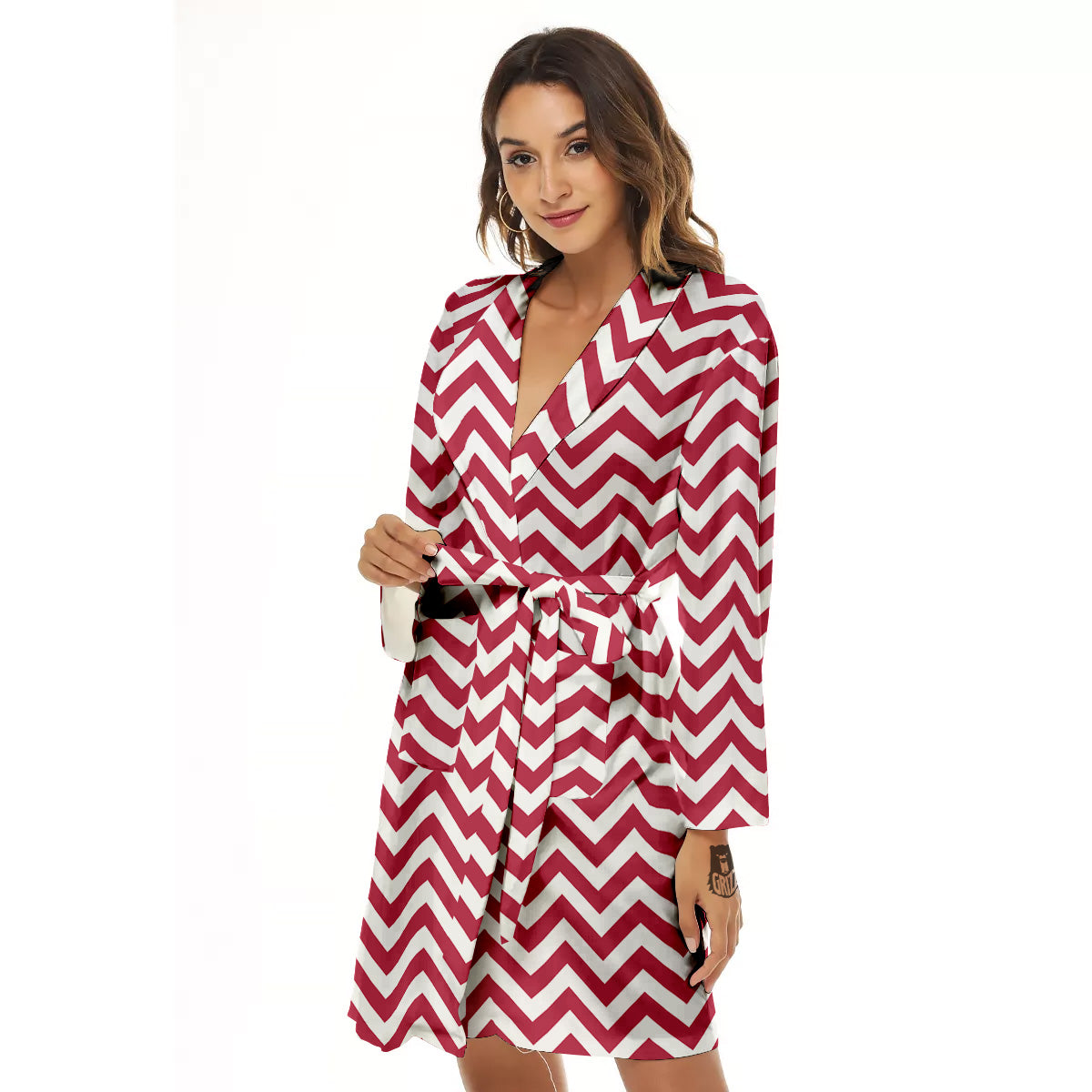 Maroon Zigzag Print Pattern Women's Robe-grizzshop