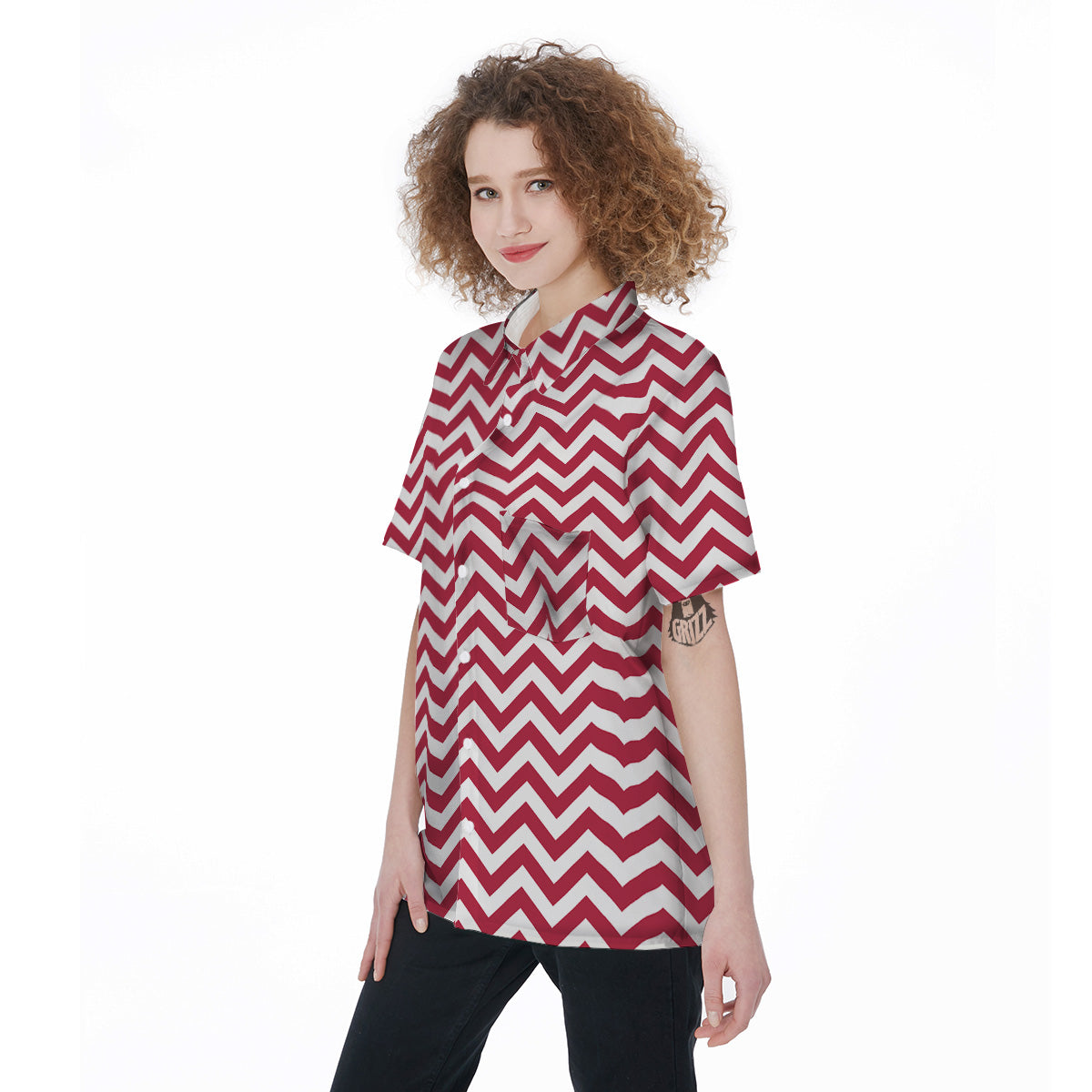 Maroon Zigzag Print Pattern Women's Short Sleeve Shirts-grizzshop