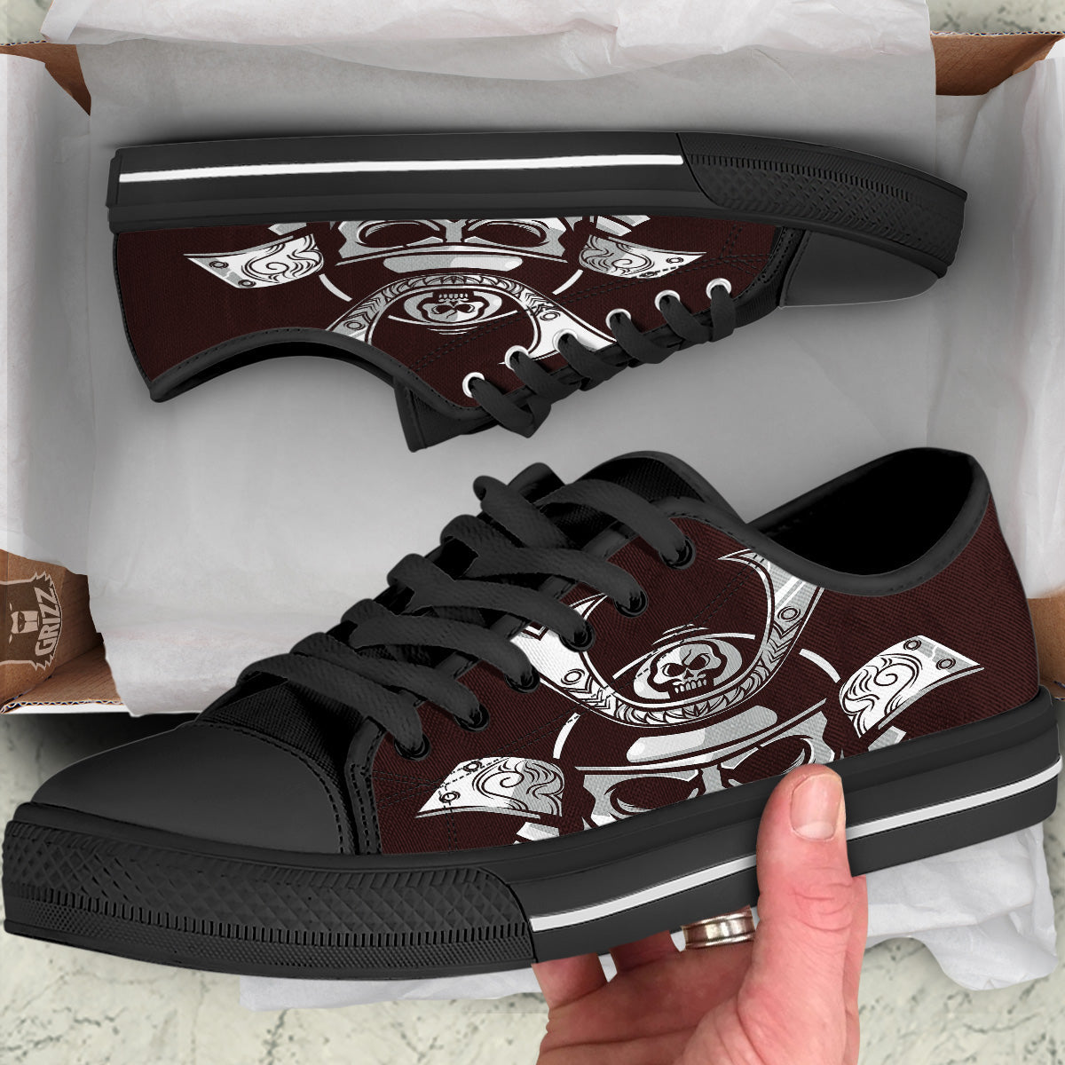 Mask Black Samurai Print Black Low Top Shoes-grizzshop