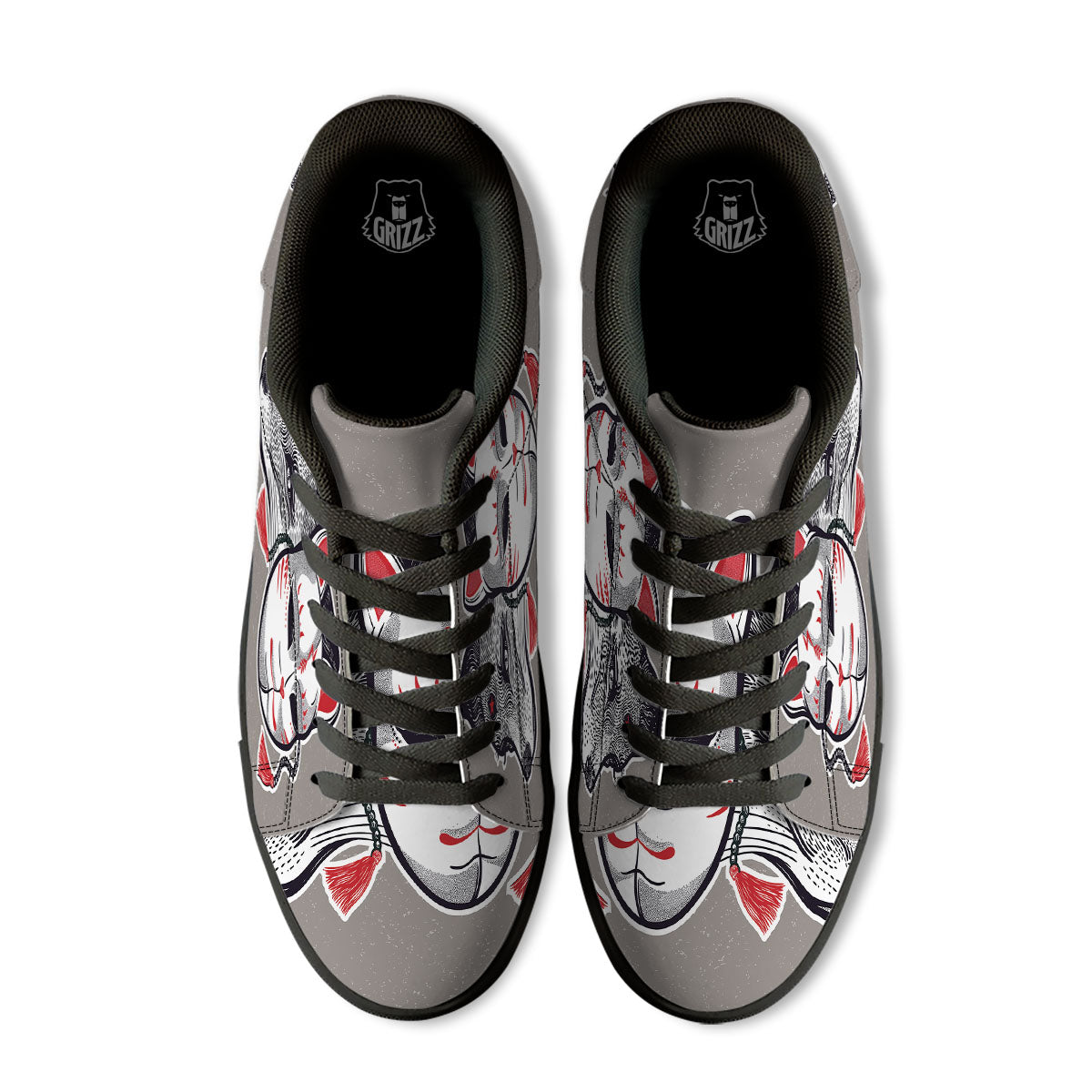 Mask Japanese Fox Print Black Low Top Sneakers-grizzshop