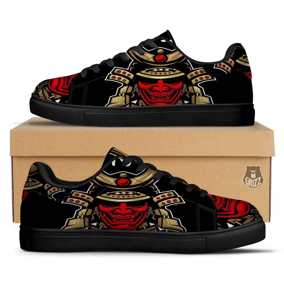 Mask Japanese Samurai Print Black Low Top Sneakers-grizzshop