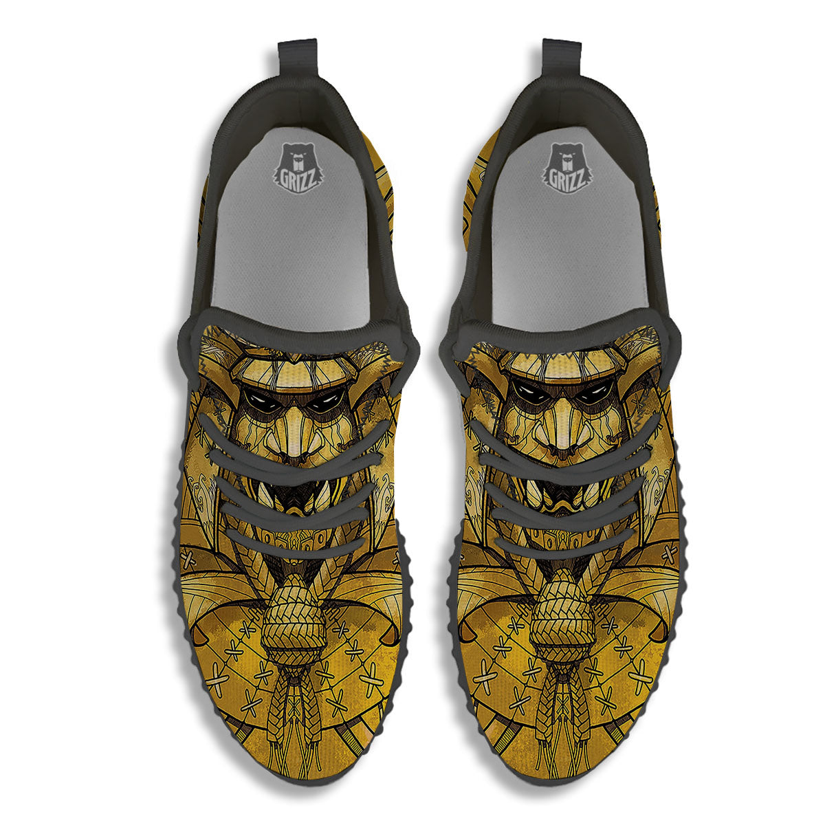 Mask Samurai Gold Print Black Walking Shoes-grizzshop