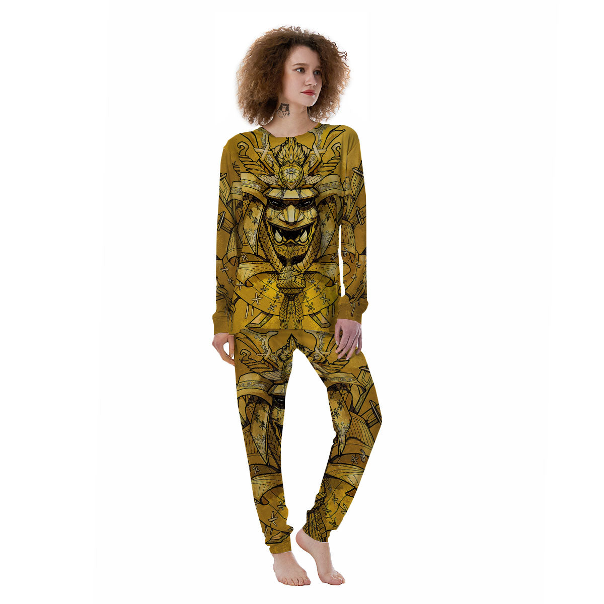 Mask Samurai Gold Print Women's Pajamas-grizzshop