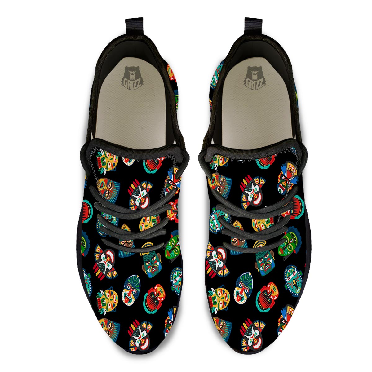 Mask Tribal Tiki Print Pattern Black Athletic Shoes-grizzshop