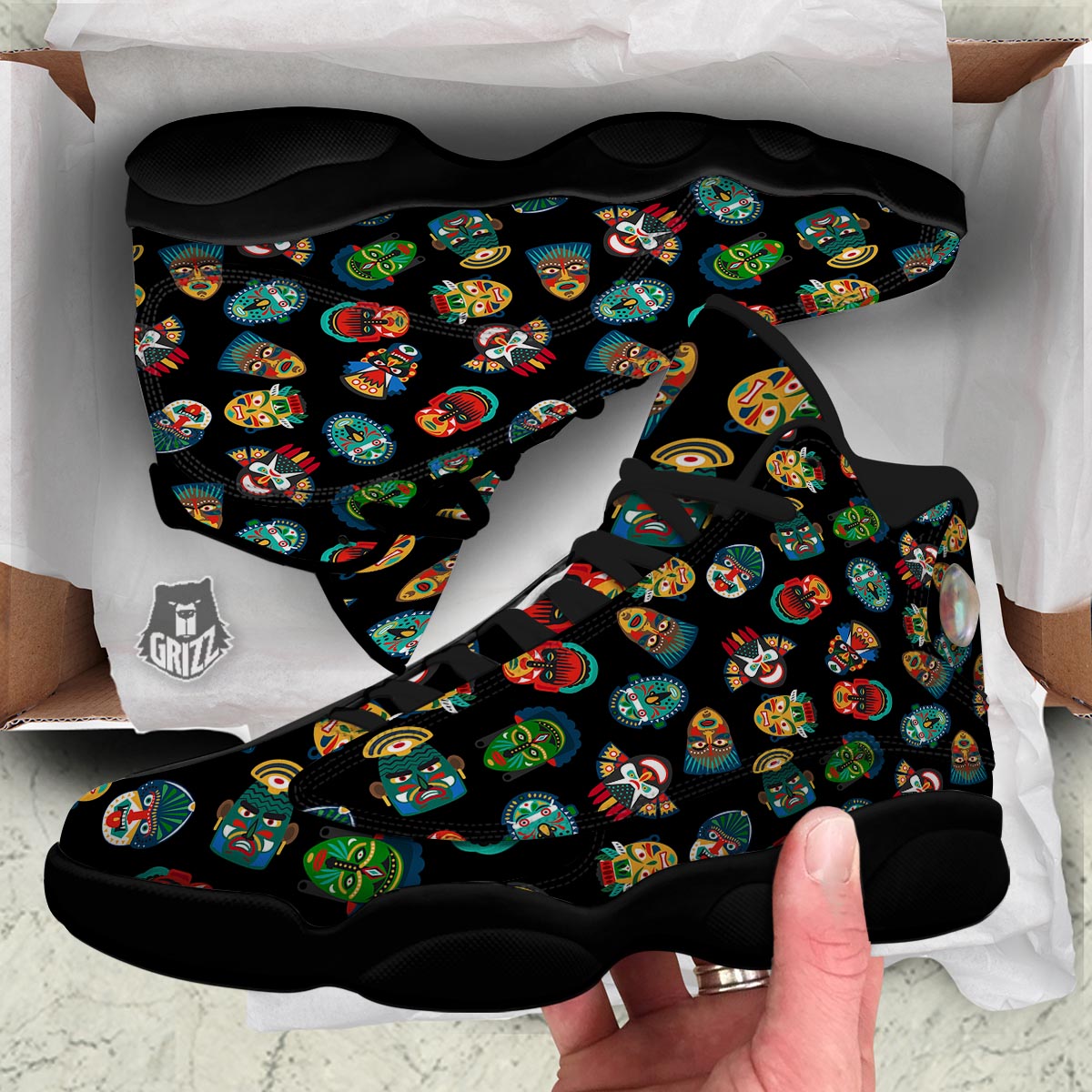 Mask Tribal Tiki Print Pattern Black Basketball Shoes-grizzshop