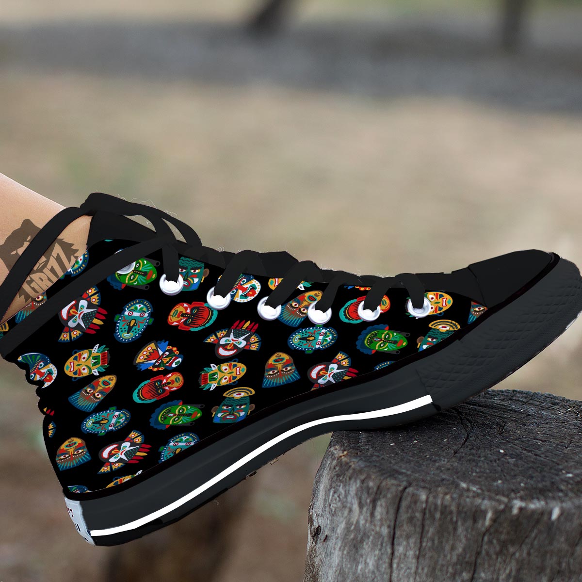 Mask Tribal Tiki Print Pattern Black High Top Shoes-grizzshop
