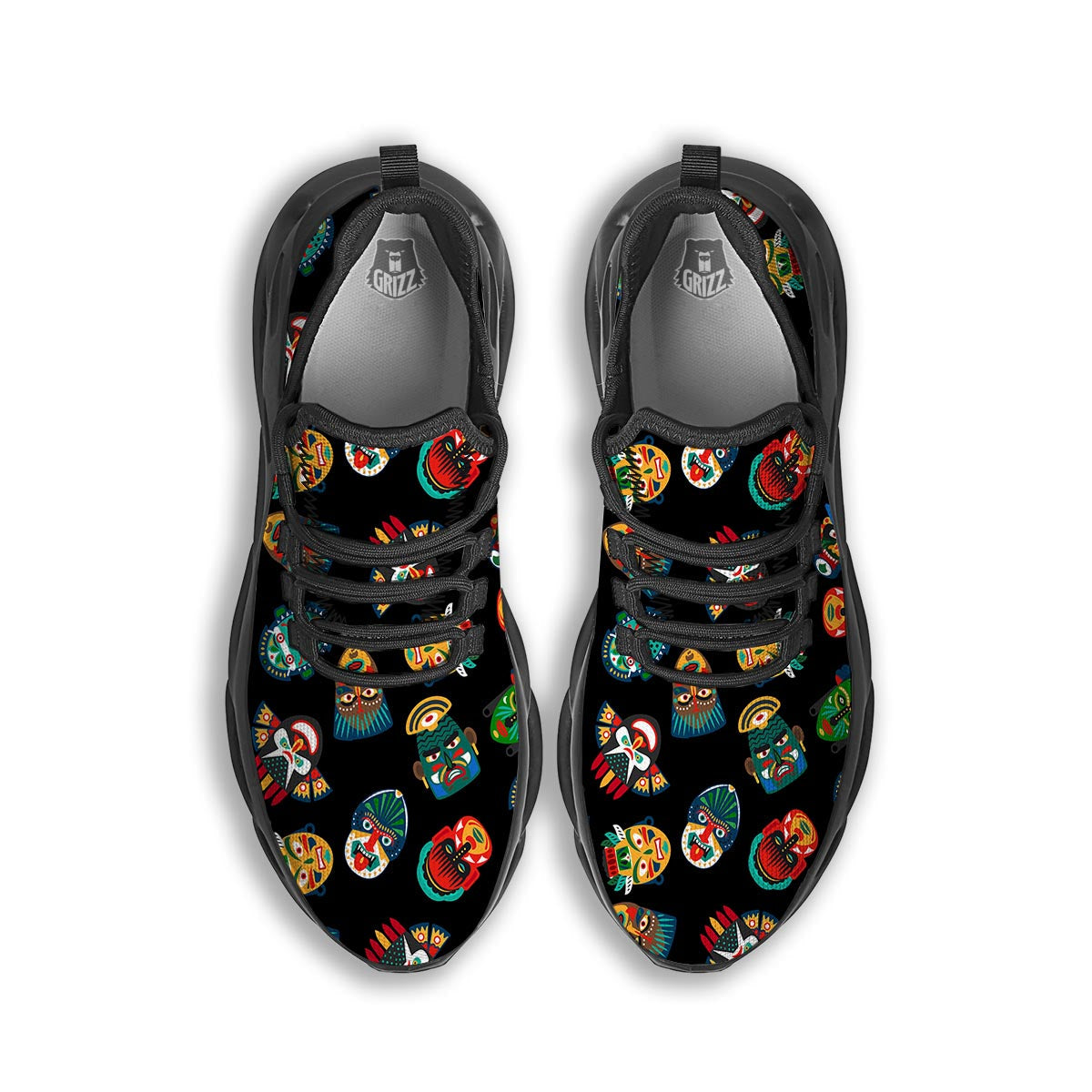 Mask Tribal Tiki Print Pattern Black Running Shoes-grizzshop