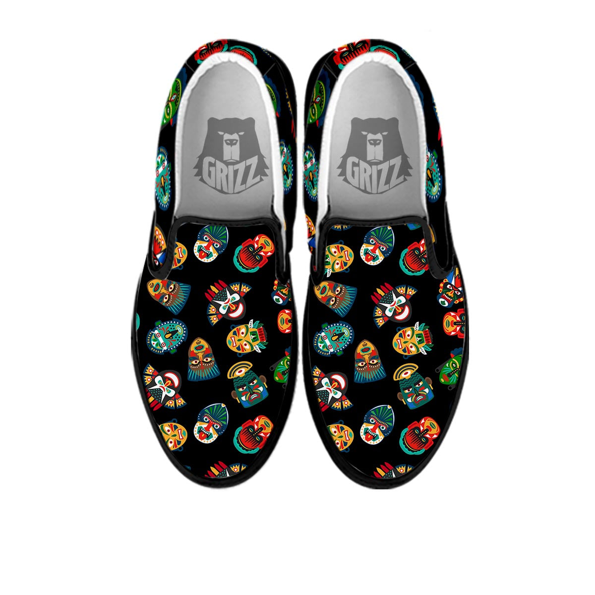Mask Tribal Tiki Print Pattern Black Slip On Shoes-grizzshop
