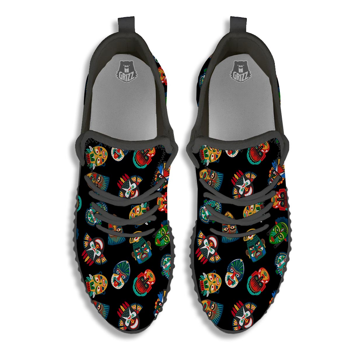 Mask Tribal Tiki Print Pattern Black Walking Shoes-grizzshop