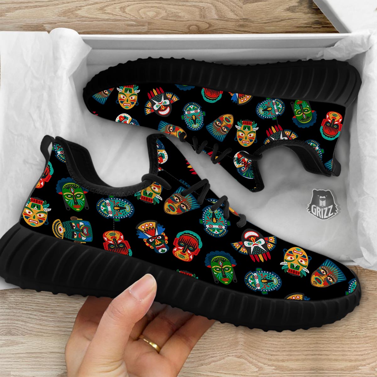 Mask Tribal Tiki Print Pattern Black Walking Shoes-grizzshop
