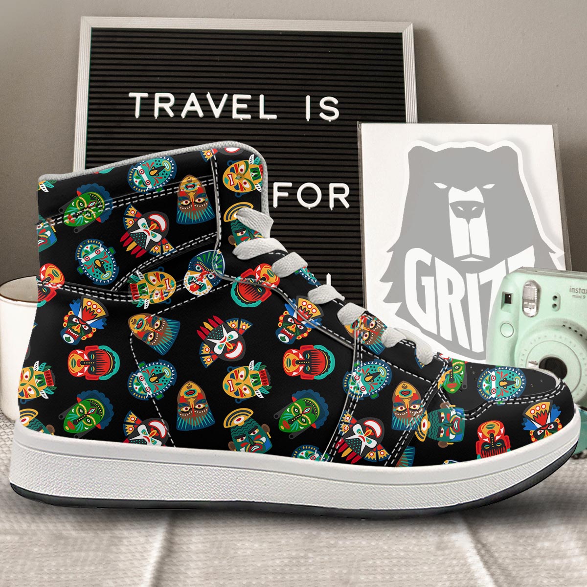 Mask Tribal Tiki Print Pattern High Top Sneakers-grizzshop