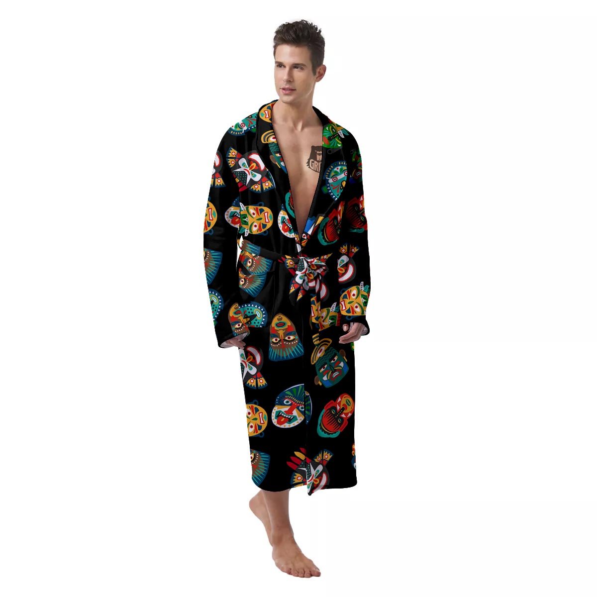 Mask Tribal Tiki Print Pattern Men's Robe-grizzshop