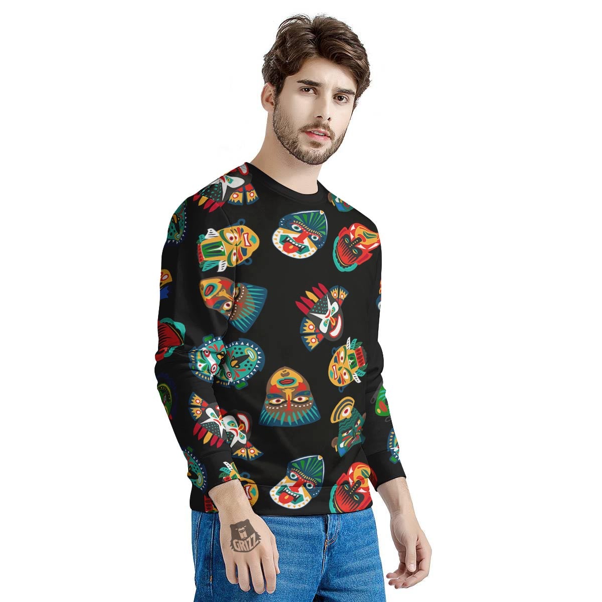 Mask Tribal Tiki Print Pattern Men's Sweatshirt-grizzshop