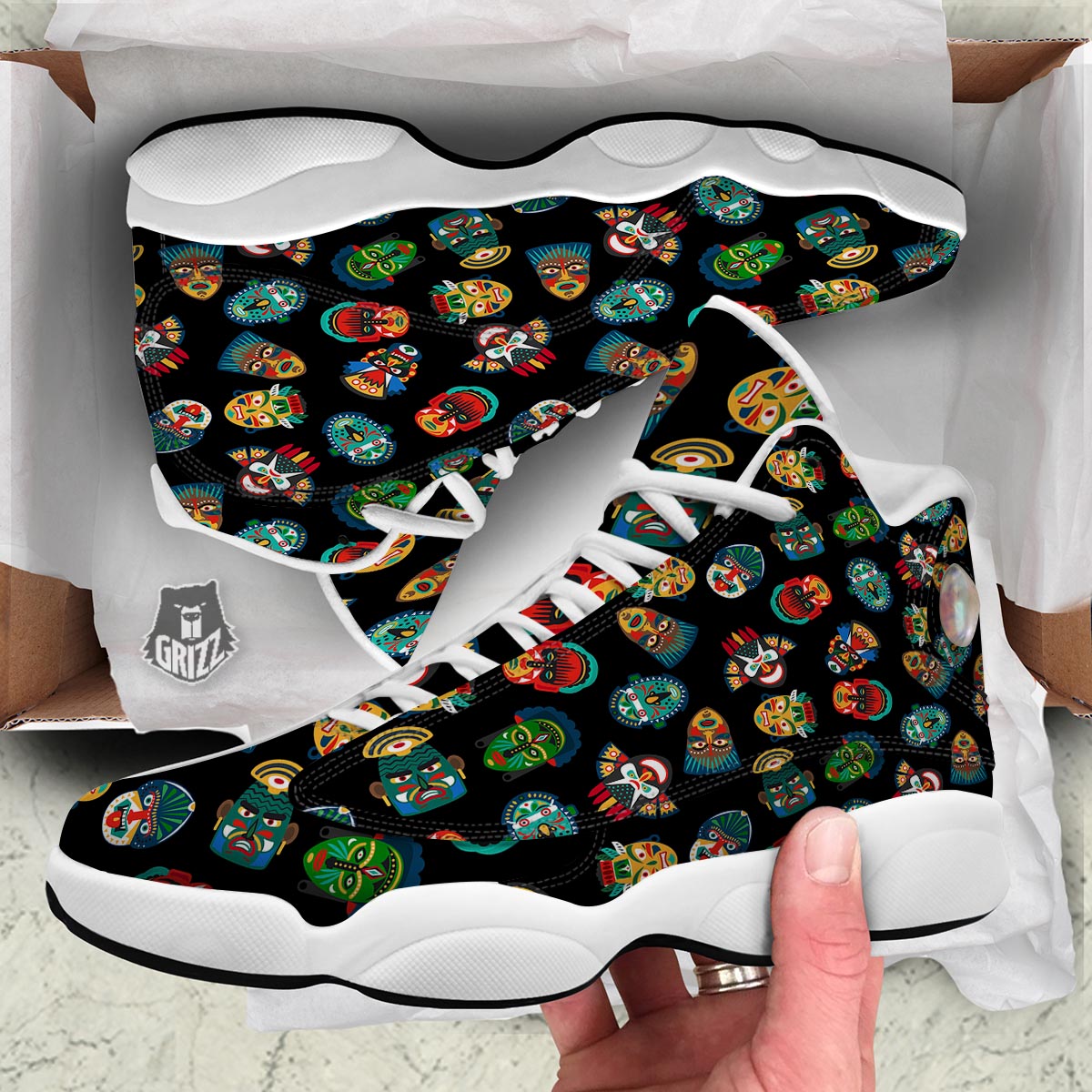 Mask Tribal Tiki Print Pattern White Basketball Shoes-grizzshop