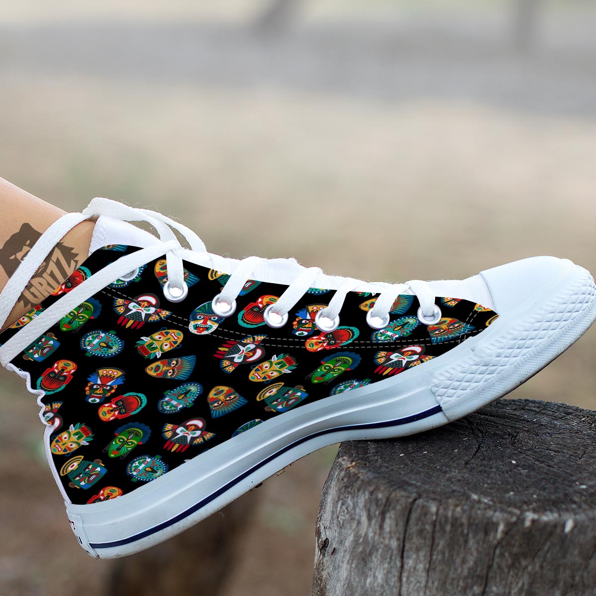 Mask Tribal Tiki Print Pattern White High Top Shoes-grizzshop
