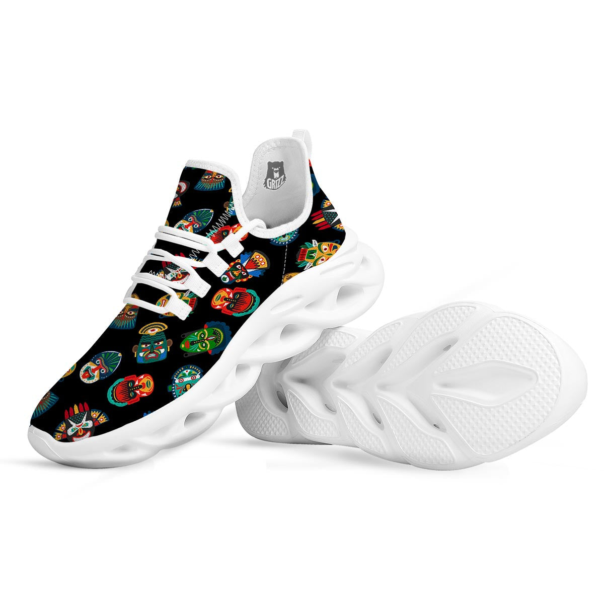 Mask Tribal Tiki Print Pattern White Running Shoes-grizzshop