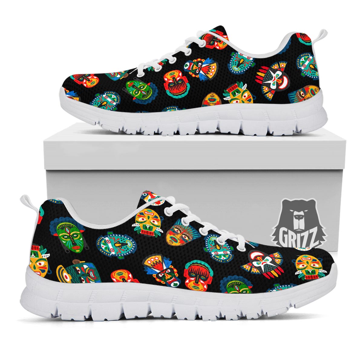 Mask Tribal Tiki Print Pattern White Sneaker-grizzshop