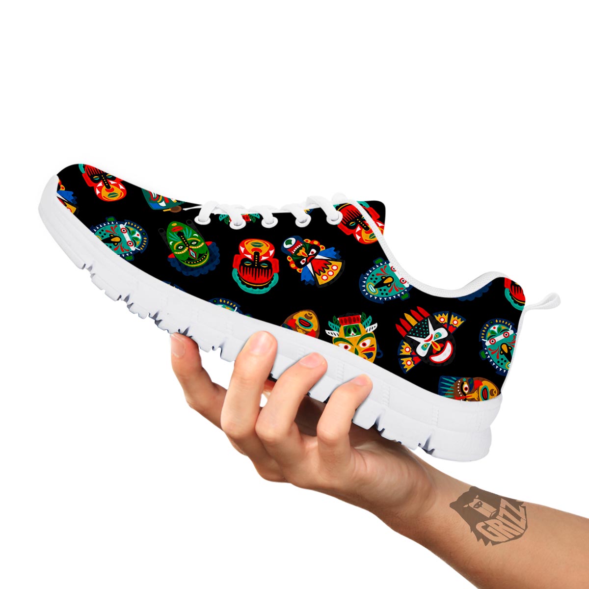 Mask Tribal Tiki Print Pattern White Sneaker-grizzshop