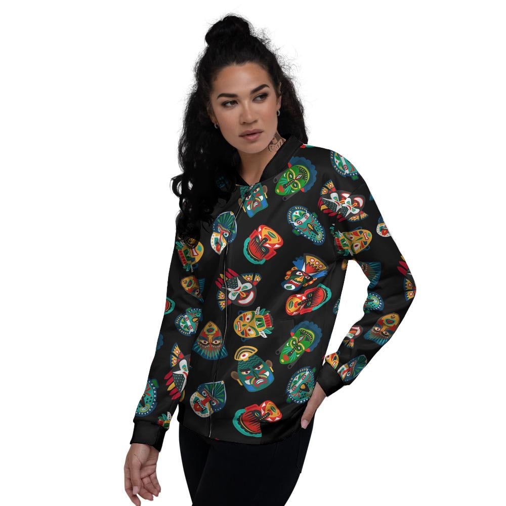 Mask Tribal Tiki Print Pattern Women's Bomber Jacket-grizzshop