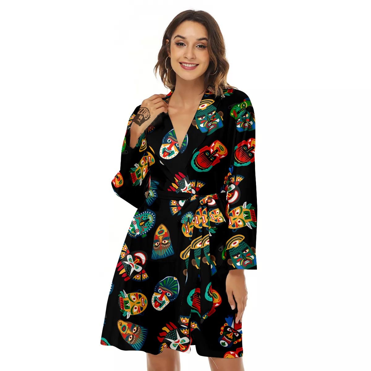 Mask Tribal Tiki Print Pattern Women's Robe-grizzshop