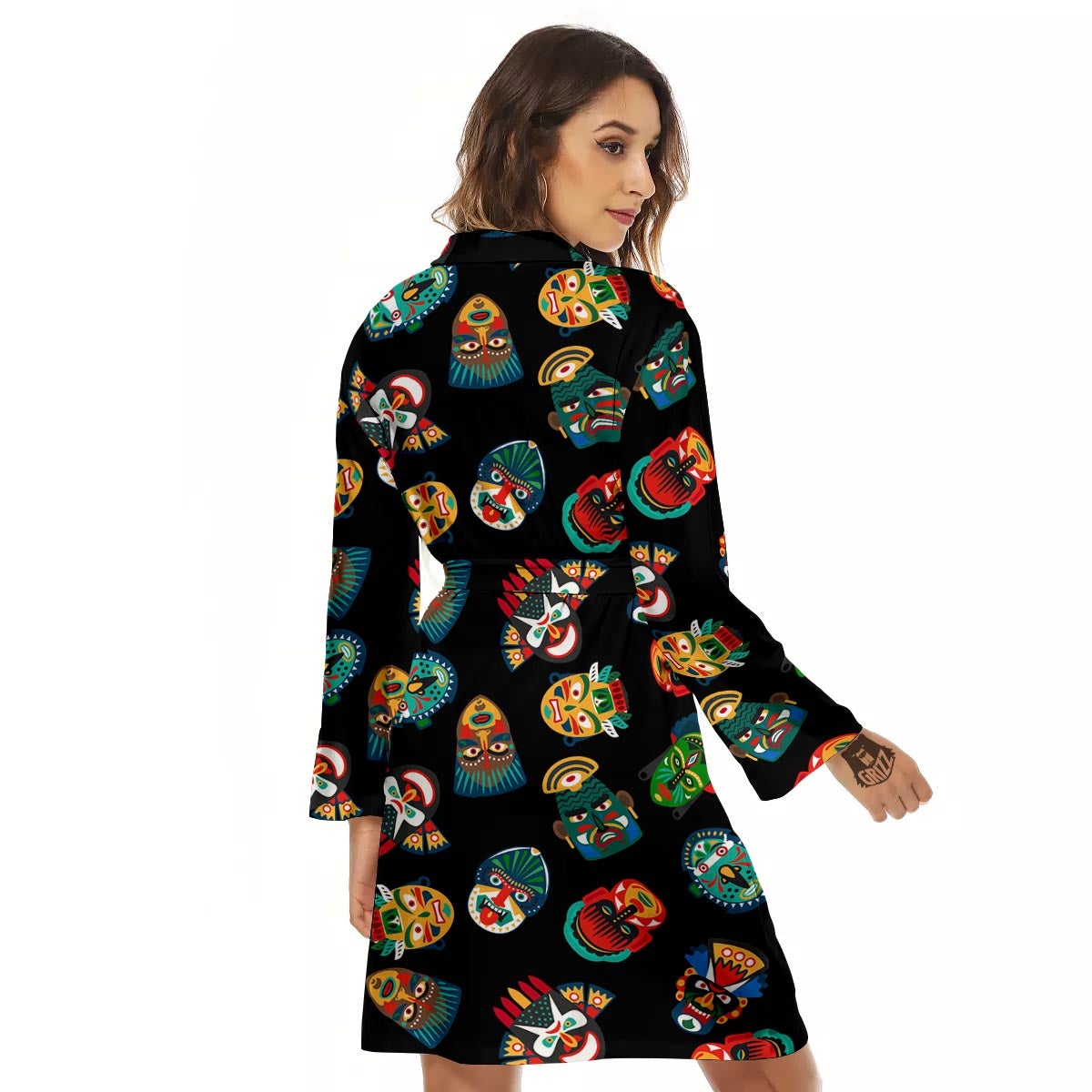 Mask Tribal Tiki Print Pattern Women's Robe-grizzshop