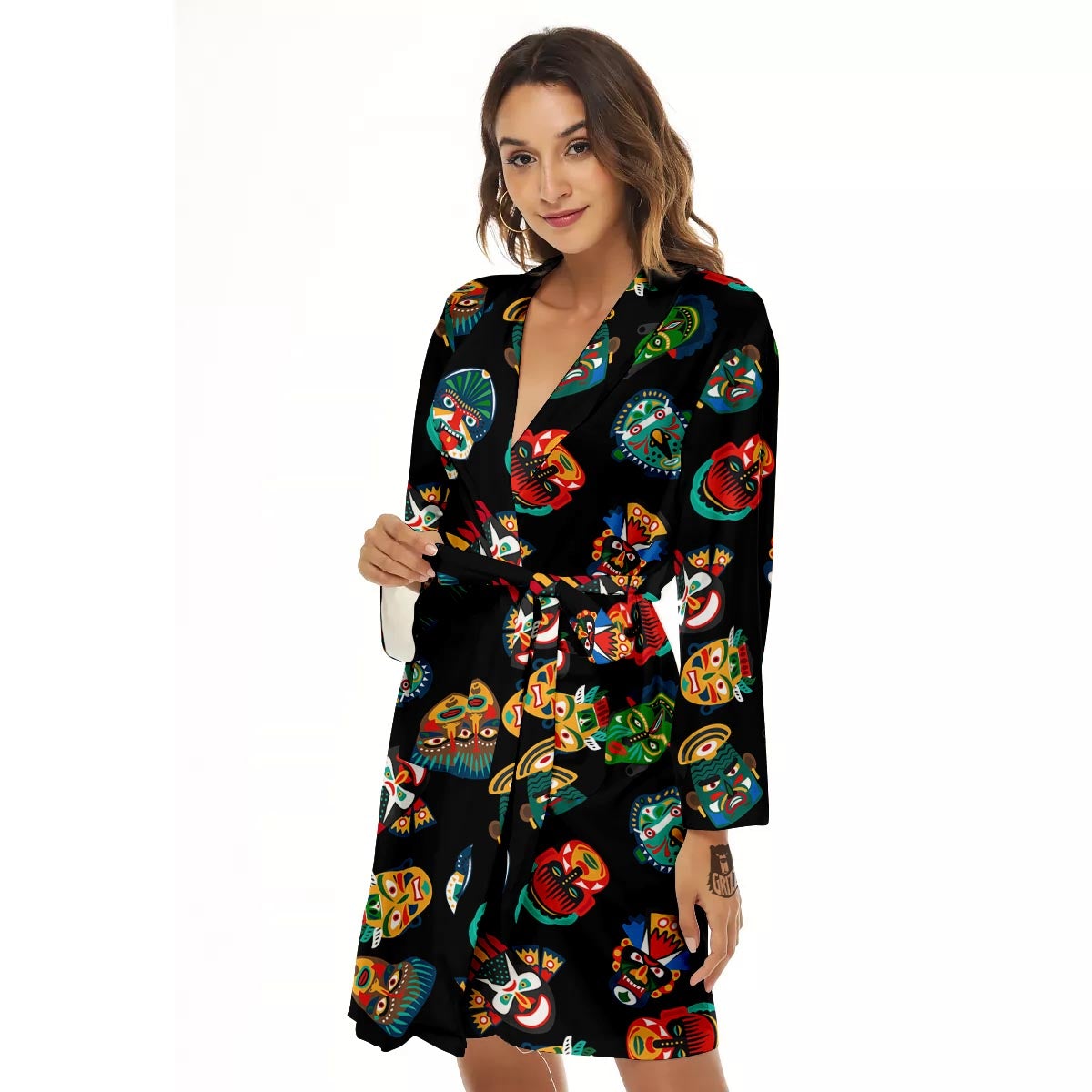 Mask Tribal Tiki Print Pattern Women's Robe-grizzshop
