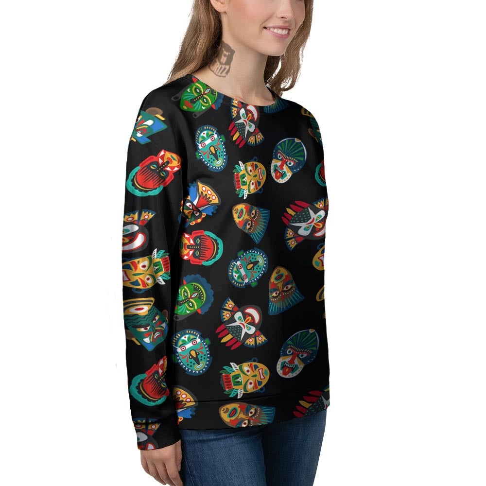 Mask Tribal Tiki Print Pattern Women's Sweatshirt-grizzshop